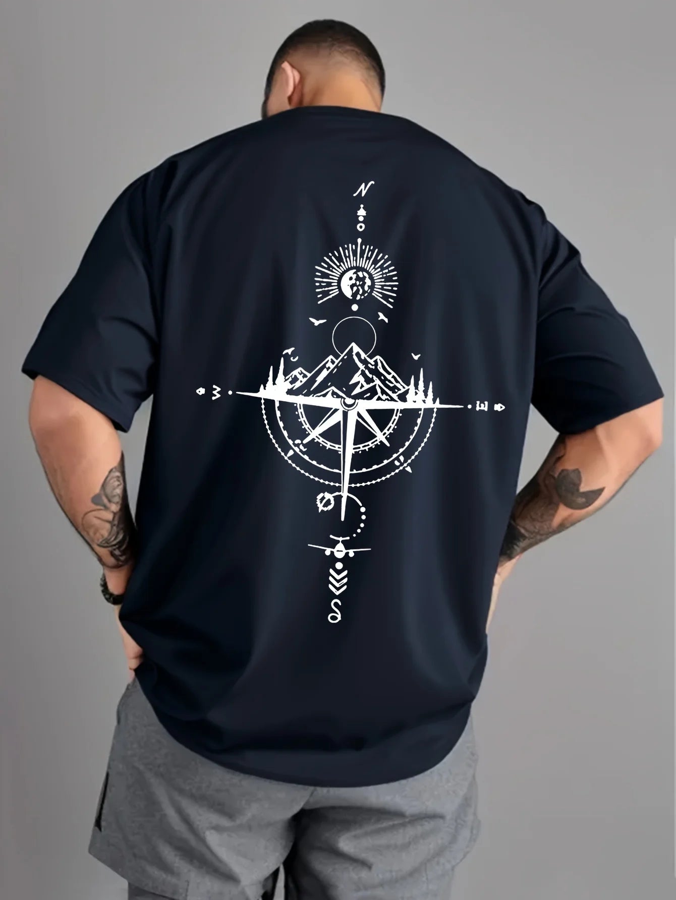 Camiseta Hombre Verano 100% Algodón | Casual Deportivo Oversized | Estampado Brújula Retro Manga Corta Cuello Redondo