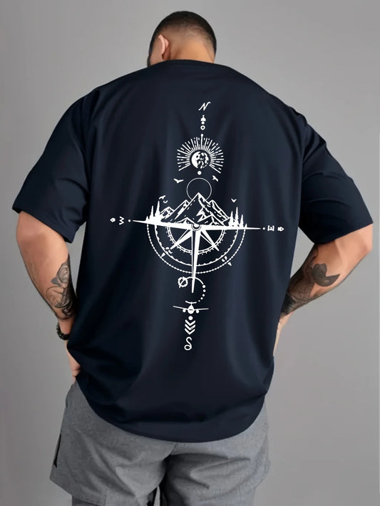 Camiseta Hombre Verano 100% Algodón | Casual Deportivo Oversized | Estampado Brújula Retro Manga Corta Cuello Redondo