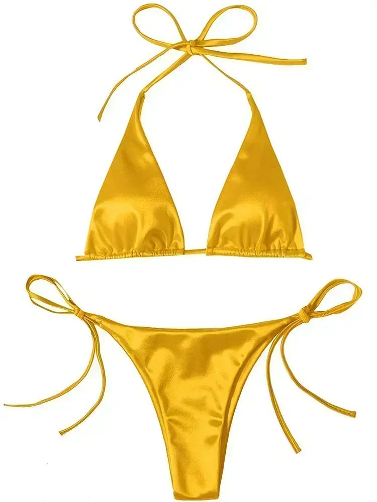 Bikini Brasileño Halter Mujer | Satinado Metálico Push Up 2 Piezas
