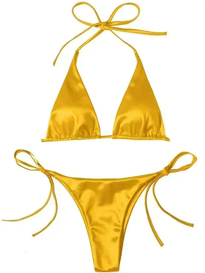 Bikini Brasileño Halter Mujer | Satinado Metálico Push Up 2 Piezas