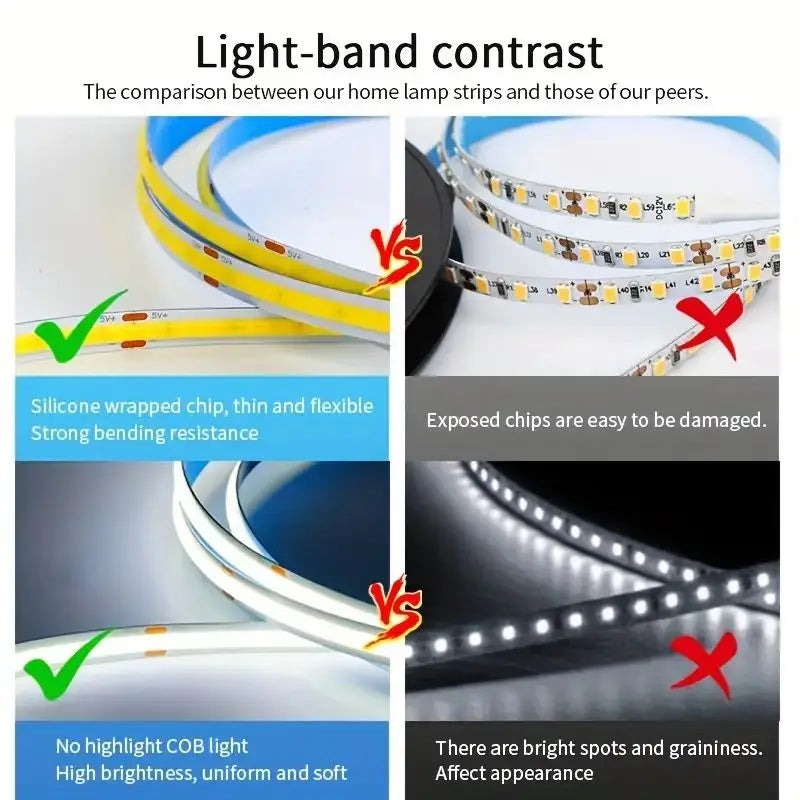 Tira de Luz LED COB USB 5V Flexible con Regulador Táctil – 1m a 5m, Luz Blanca Cálida/Fría, DIY Iluminación Interior