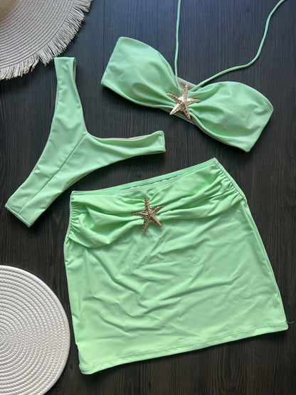 Bikini Mujer 2025 | Tres Piezas con Falda y Estrella Metálica