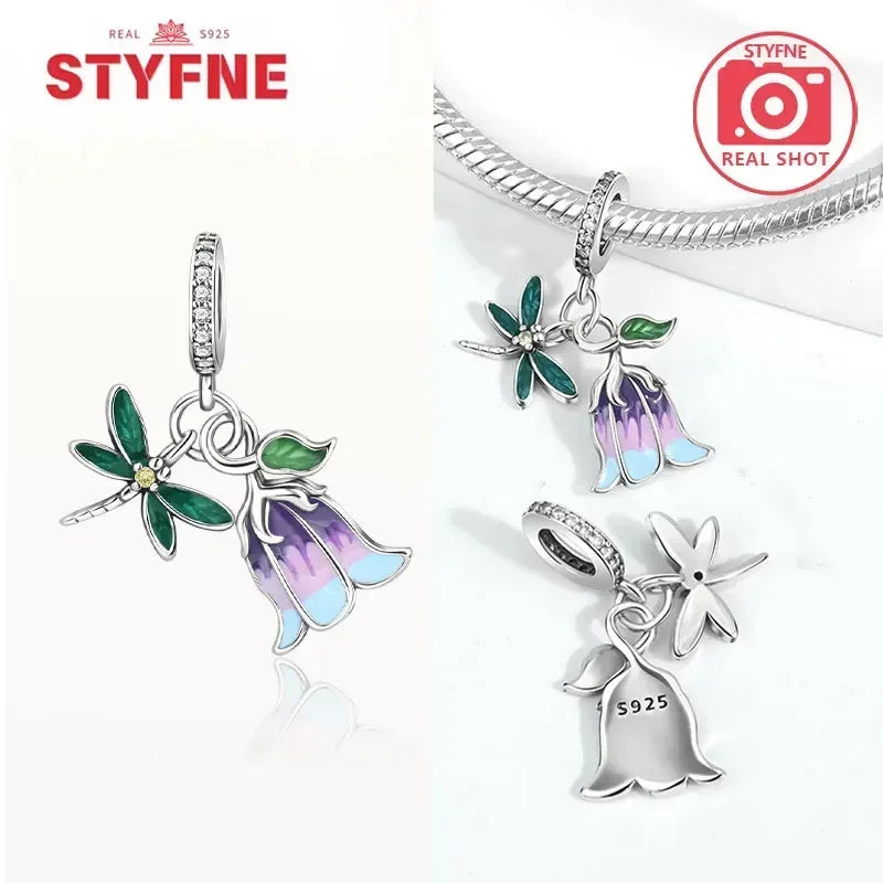 Charm Plata S925 Mariposa Libélula Flores con Gemas | Compatible Pulsera Pandora