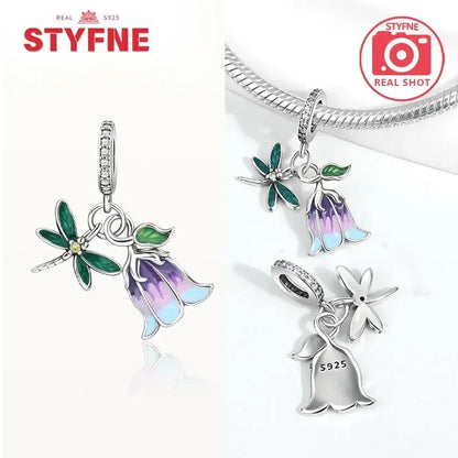 Charm Plata S925 Mariposa Libélula Flores con Gemas | Compatible Pulsera Pandora