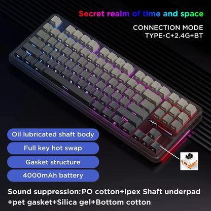 Teclado Mecánico AULA F87Pro – 87 Teclas, Triple Modo (USB/2.4G/Bluetooth), RGB, Hot-Swap y Batería 4000mAh