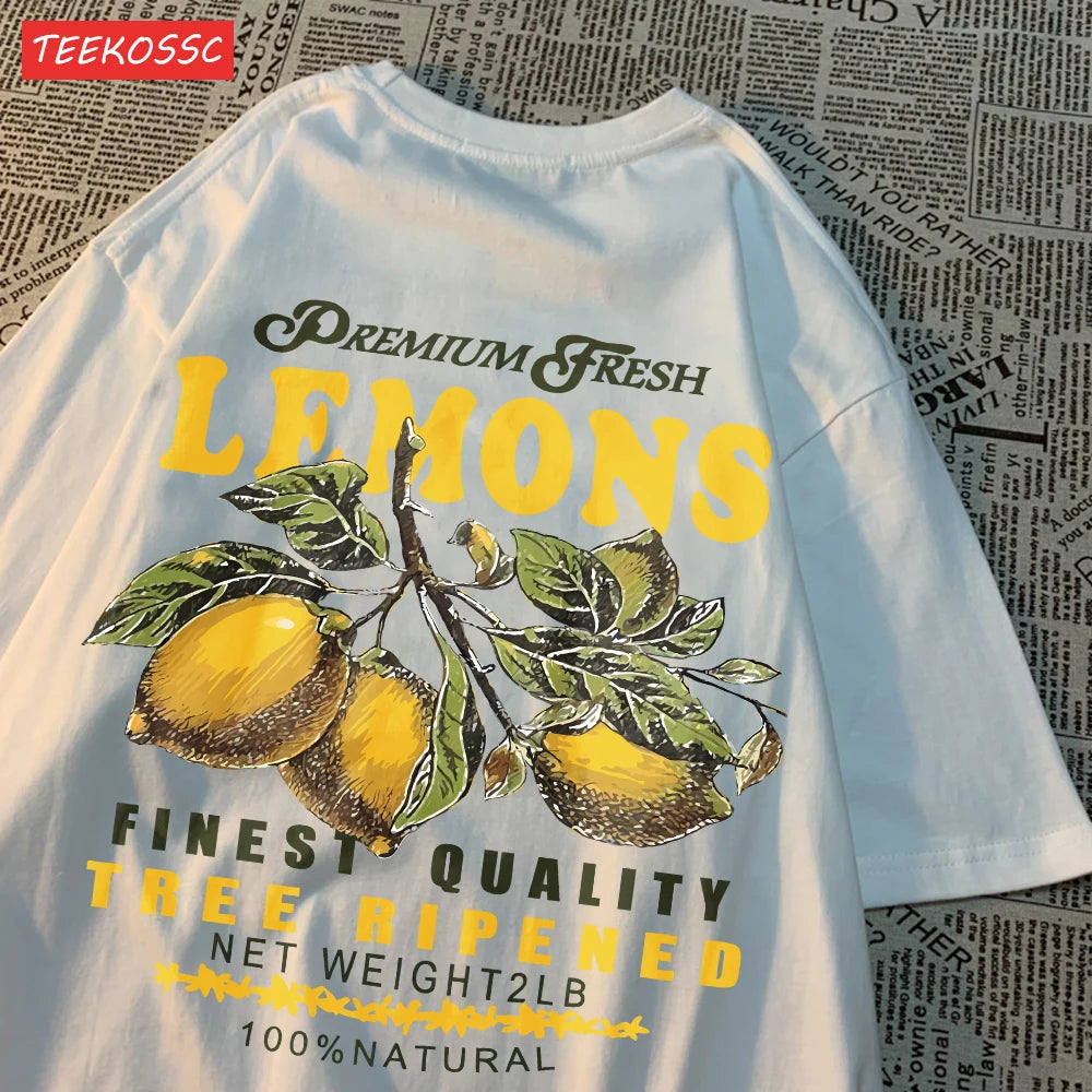 Camiseta Oversize Mujer Verano | Algodón Estampado Limones y Cerezas Casual