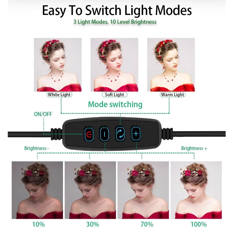 Anillo de luz LED regulable con trípode – Luz de estudio para cámara, teléfono y video con control de brillo para selfies y streaming