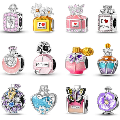 Charm Botella de Perfume en Plata 925 con Corona Rosa – Abalorio Romántico para Pulseras Tipo Qikaola, Regalo San Valentín
