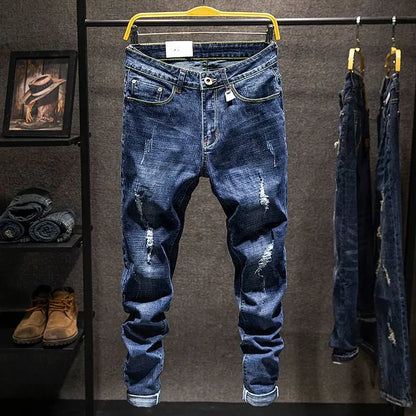 Jeans Hombre High Street | Pantalón Slim Fit Ripped Recto Elástico Streetwear Todo el Año 2025