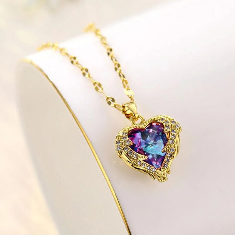 Collar Corazón Oceánico con Cristales de Colores | Joyería de Acero Inoxidable 316L para Mujer | Collar Elegante de Boda o Fiesta
