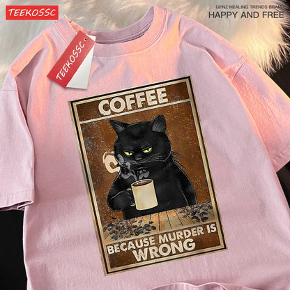 Camiseta Oversize “Because Murder Is Wrong” – T-shirt Black Cat, Algodón Transpirable, Streetwear Unisex, Manga Corta