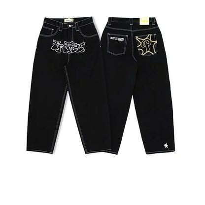 Jeans Oversize Y2K Phantom Unisex | Pantalones Baggy Estilo Hip Hop Streetwear con Parche Bordado Araña Gótico Retro