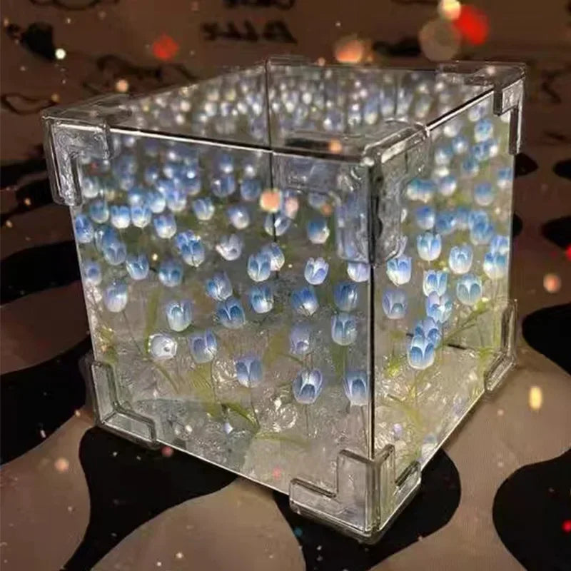 Lámpara cúbica DIY tulipán con espejo – Luz nocturna de mesa simulación flor para dormitorio