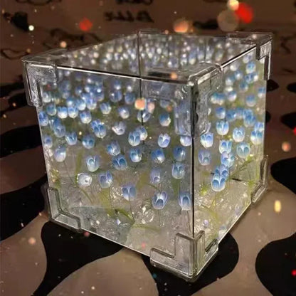 Lámpara cúbica DIY tulipán con espejo – Luz nocturna de mesa simulación flor para dormitorio