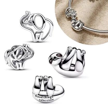 Charm Colgante Elefante y Perezoso en Plata 925 – Cuentas Caladas para Pulsera Original Mujer Joyería DIY