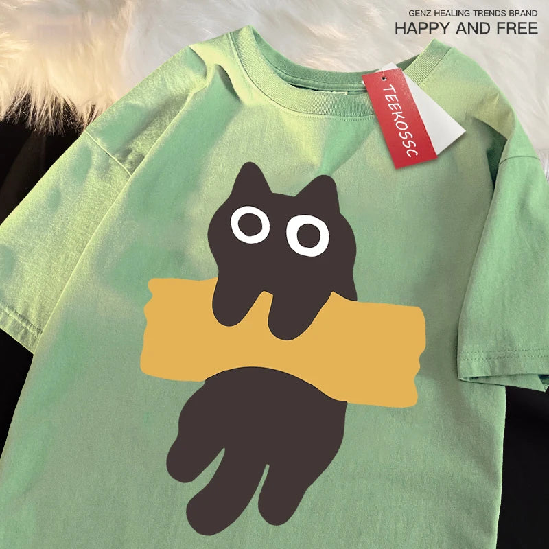 Camiseta Oversize con Estampado de Gato – T-shirt Manga Corta Estilo Japonés Unisex, Algodón, Cuello Redondo
