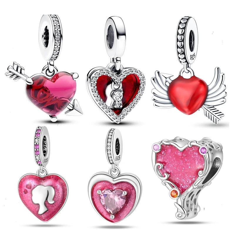 New in 925 Sterling Silver Red Color Series Heart-Shaped  Charm Beaded Fit Original 3mm Woman Bracelet Lucky DIY Jewelry Gifts