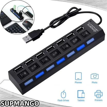 USB Hub 7 Puertos 2.0 – Adaptador Extensor de Datos para Laptop y PC