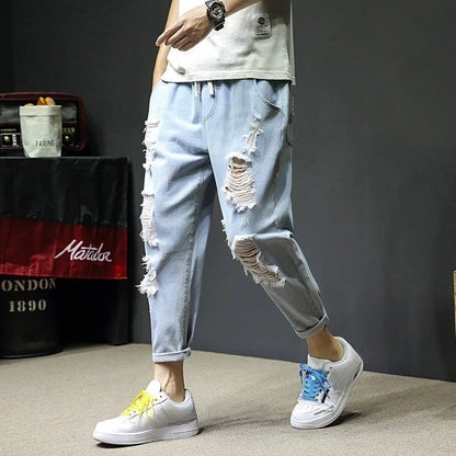 Jeans Oversize Hombre Cropped Verano | Vaqueros Rotos Tallas Grandes Moda Coreana