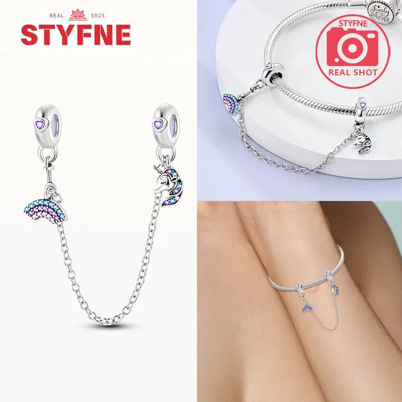 Charm Gato con Corazón de Plata 925 | Cadena de Seguridad para Pulseras Pandora Mujer