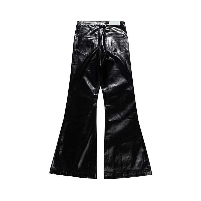 Pantalones Oversize PU Cuero Brillante Unisex | Wide Leg Rectos Acampanados Estilo High Street con Cinturón