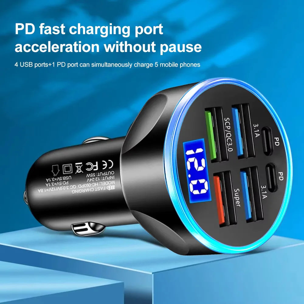 Cargador de Coche 100W con 6 Puertos – Adaptador USB Tipo C PD QC3.0 de Carga Rápida para iPhone, Samsung, Huawei, Xiaomi y Más