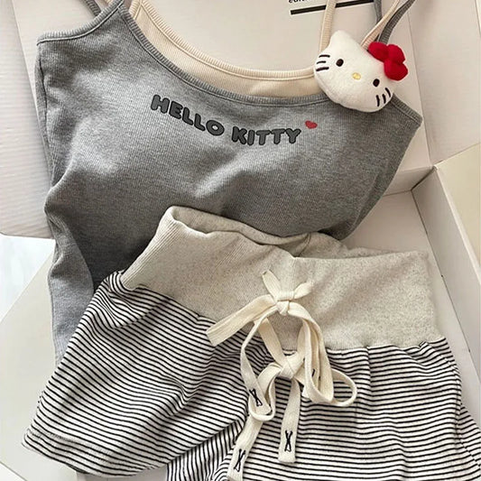 Pijama Hello Kitty Mujer 2 Piezas | Conjunto Kawaii Verano Camiseta Tirantes + Shorts con Acolchado