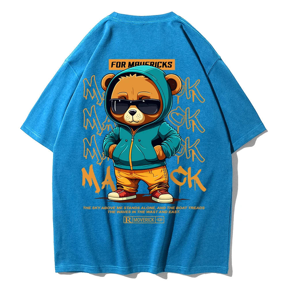 Camiseta de Algodón con Estampado de Oso – T-shirt Redonda Oversize Unisex Suelta, Transpirable y Casual