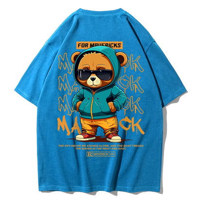 Camiseta de Algodón con Estampado de Oso – T-shirt Redonda Oversize Unisex Suelta, Transpirable y Casual