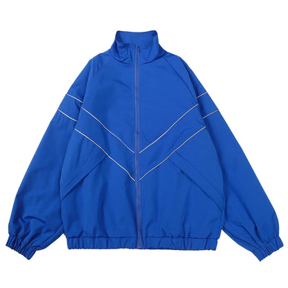 Chaqueta Reflectiva con Rayas para Hombre 2025 – Abrigo Hip Hop Streetwear, Rompevientos Delgado con Cremallera, Estilo Harajuku en Negro y Azul