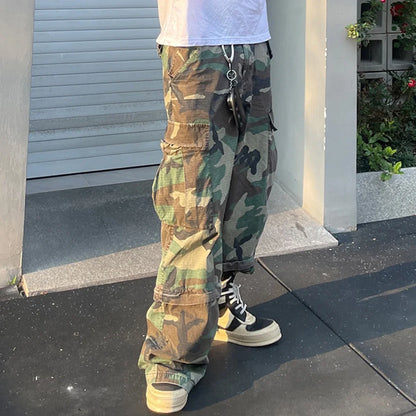 Pantalones Cargo Camuflados Unisex Desmontables | Wide Leg Oversize Rectos Baggy con Patchwork y Colores en Contraste