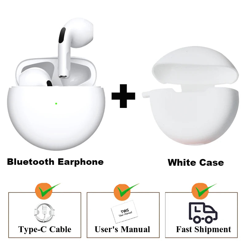 New TWS Earphone Bluetooth Headphones with Mic 9D Stereo Pro 6 Earbuds Wireless Bluetooth Headset apply to smartphones