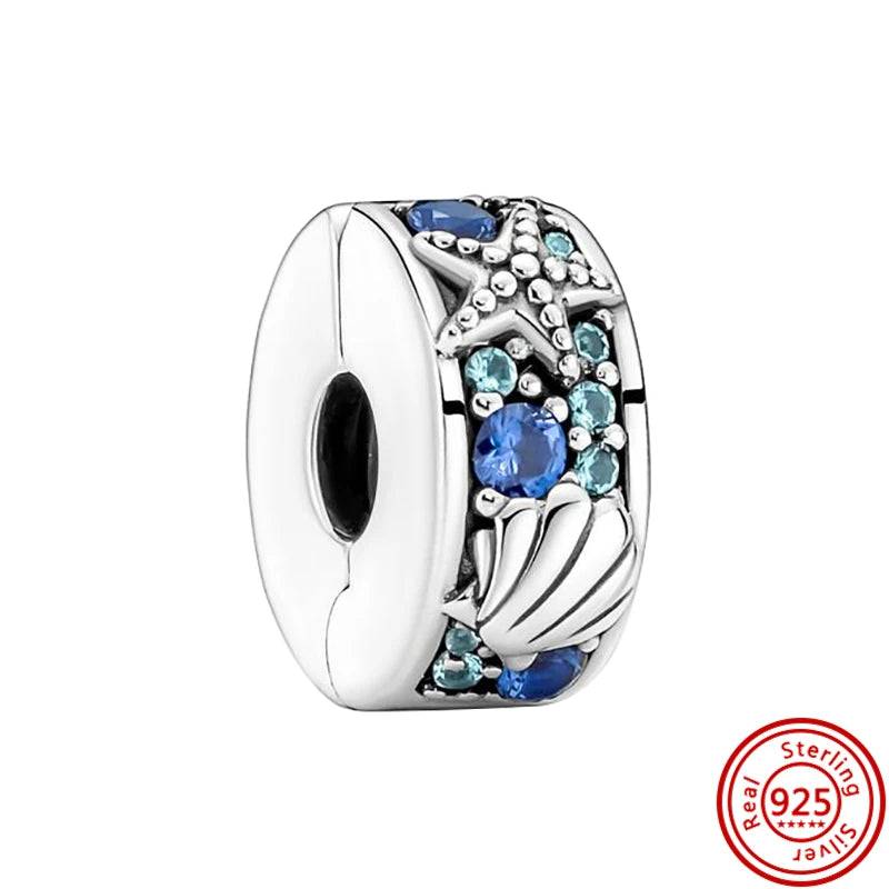 Charm Clip Plata 925 con Corazones, Corona y Concha | CZ Pavé Brillante | Compatible Pandora Original