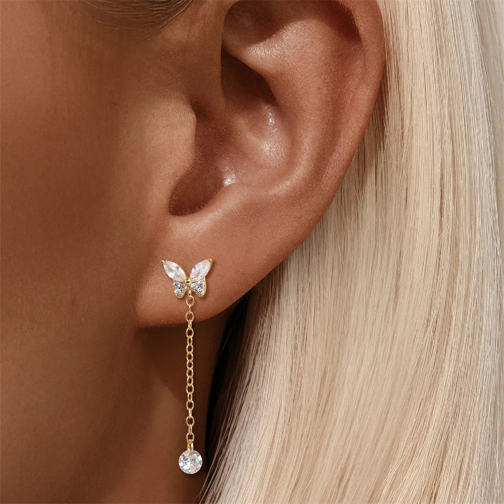 CANNER Aretes Mariposa con Borla Plata 925 | Baño Oro con Zirconia