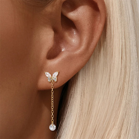CANNER Aretes Mariposa con Borla Plata 925 | Baño Oro con Zirconia