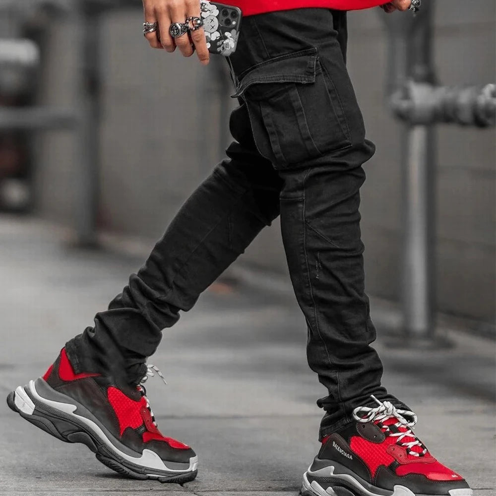 Jeans Cargo Hombre Slim Fit | Pantalón Denim Elástico con Bolsillos Múltiples Streetwear Casual