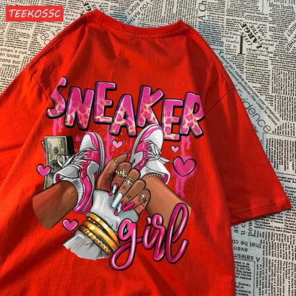 Camiseta Oversize Mujer Algodón | Estampado Zapatillas Rosas Casual Juvenil