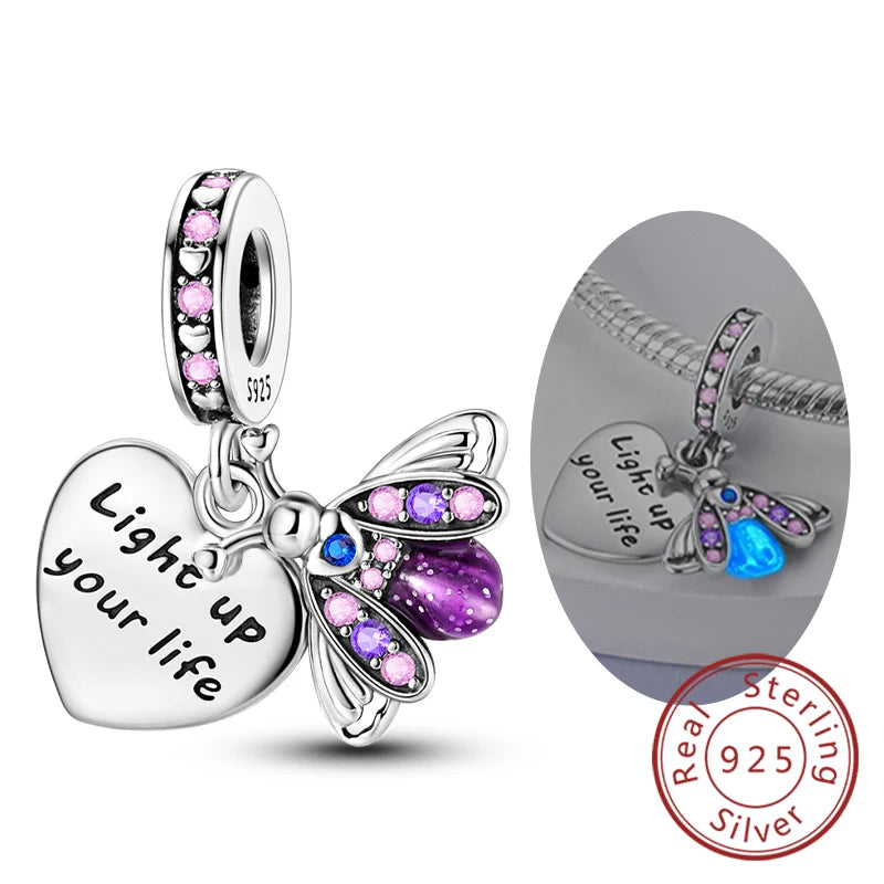 Charm de Plata 925 Luciérnaga y Mariposa Luminoso – Abalorio Brillante para Pulseras Originales