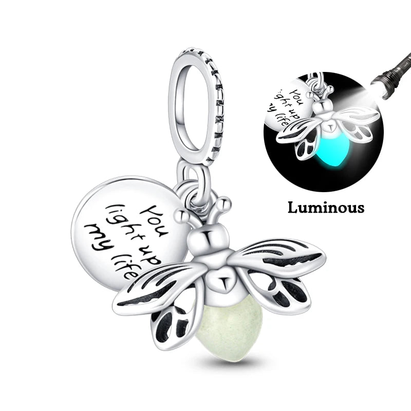 100% 925 Sterling Silver Creative Blue Luminous Firefly Charms Pendants Fit Qikaola 925 Original Bracelets DIY Birthday Jewelry