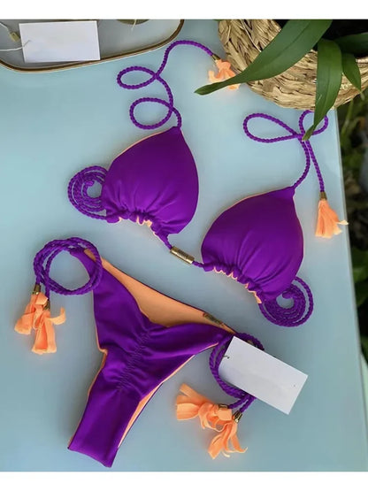 Bikini Mujer 2025 | Triángulo Multicolor Sin Espalda con Cordón