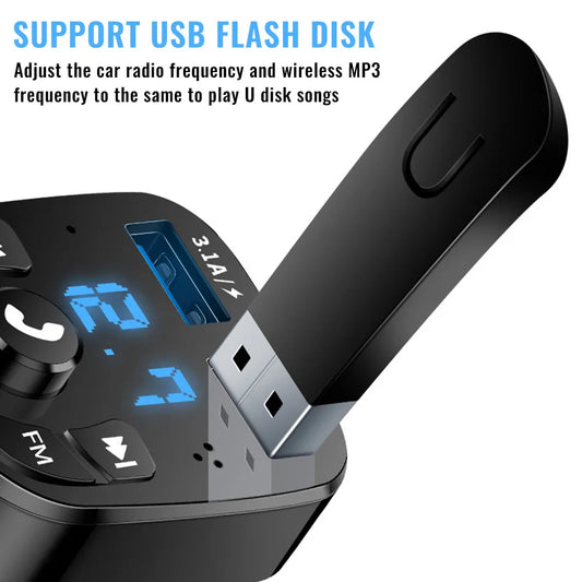 Transmisor FM Bluetooth 5.0 para Auto – Receptor de Audio Inalámbrico Manos Libres con Doble USB 3.1A+1.0A y Reproducción desde U-Disk