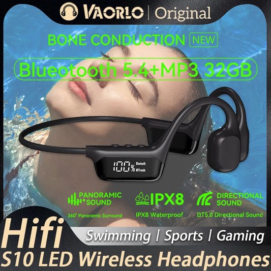 Auriculares True Bone Conduction Bluetooth 5.4 – Inalámbricos, impermeables IPX8, MP3 32GB con micrófono y pantalla LED