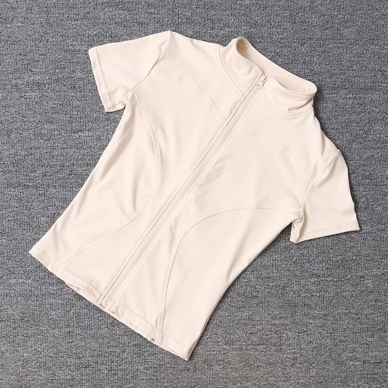 Camiseta Deportiva Mujer Verano | Top Slim Fit Secado Rápido Cuello Alto Cremallera Completa Yoga & Fitness