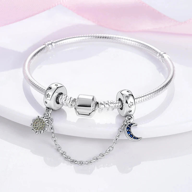 Charm Safety Chain Plata Plateada – Gato Rosa, Luna y Estrella para Pulsera o Collar DIY