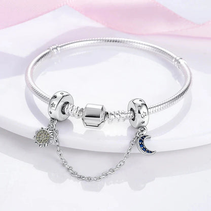 Charm Safety Chain Plata Plateada – Gato Rosa, Luna y Estrella para Pulsera o Collar DIY