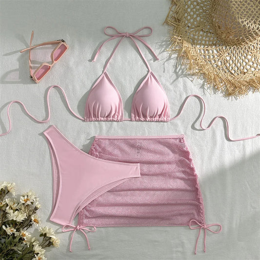 Sexy Pink Bikini Extrem String Backless Swimwear Mesh Skirt Women Push Up Swimsuit Black Y2K Thong Bikinis Beach Vacation Outfit
