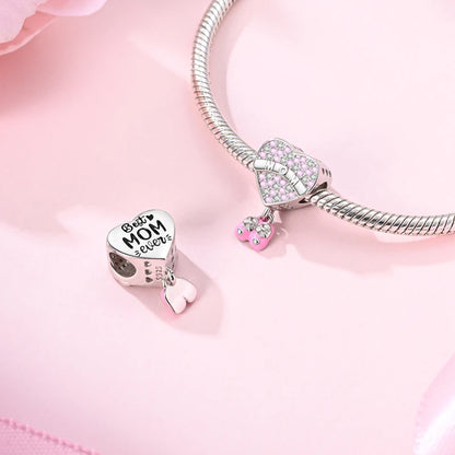 Charm Plata 925 Día de la Madre | Dije Corazón Rosa Love Mom Compatible Pandora Pulsera Collar Mujer