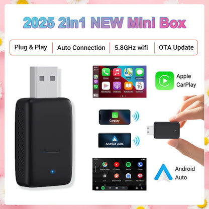 2025 Nuevo Adaptador 2 en 1 Smart Mini Box – CarPlay Inalámbrico y Android Auto, Conexión Automática WIFI + BT para Toyota, Volvo, Benz, MG, Kia, Mazda, Ford