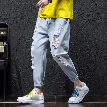 Jeans Oversize Hombre Cropped Verano | Vaqueros Rotos Tallas Grandes Moda Coreana