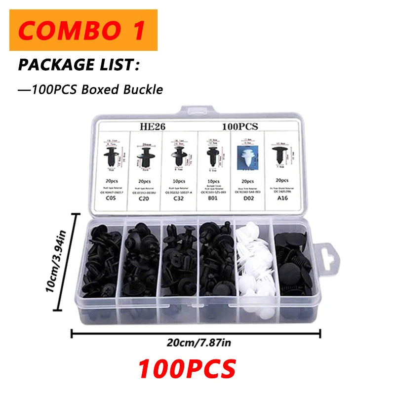 Kit 100 Clips Sujetadores Plásticos para Carro | Remaches Universales Puerta, Parachoques, Guardabarros + Herramienta